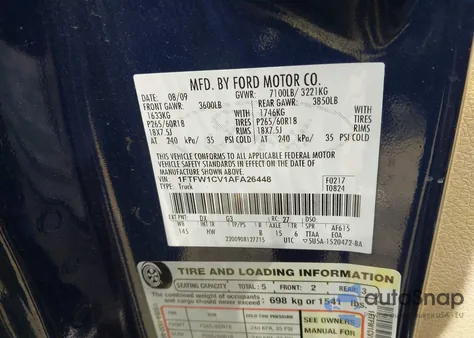 2010 Ford F-150 Fx2 Sport/Harley-Davidson/King Ranch/Lariat/Platinum/Xl/Xlt из США, поврежденный, VIN 1FTFW1CV1AFA26448